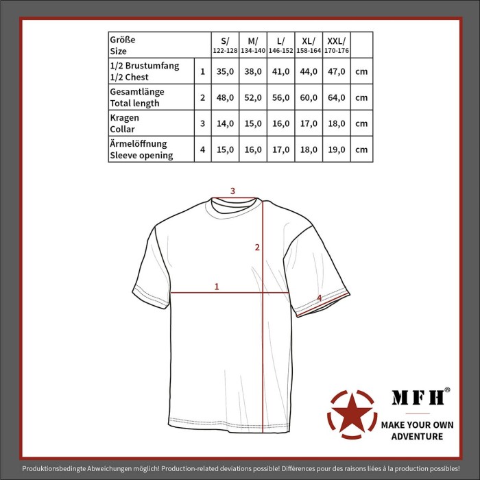 MFH children's T-shirt, "Basic", half sleeves, size chart